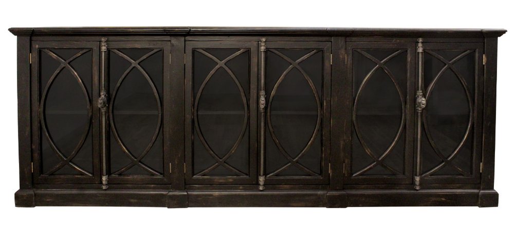 113" Black Distressed Solid Wood Sideboard with Six Glass Doors HomeRoots