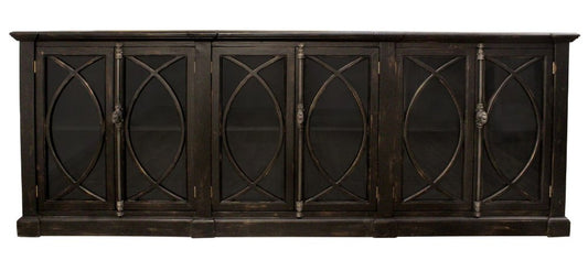 113" Black Distressed Solid Wood Sideboard With Six Glass Doors HomeRoots