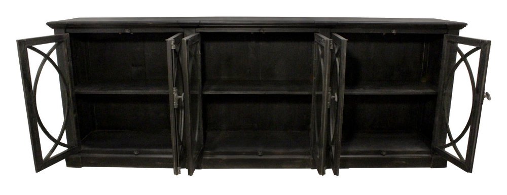 113" Black Distressed Solid Wood Sideboard with Six Glass Doors HomeRoots