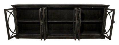 113" Black Distressed Solid Wood Sideboard with Six Glass Doors HomeRoots