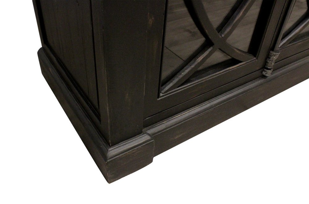 113" Black Distressed Solid Wood Sideboard with Six Glass Doors HomeRoots