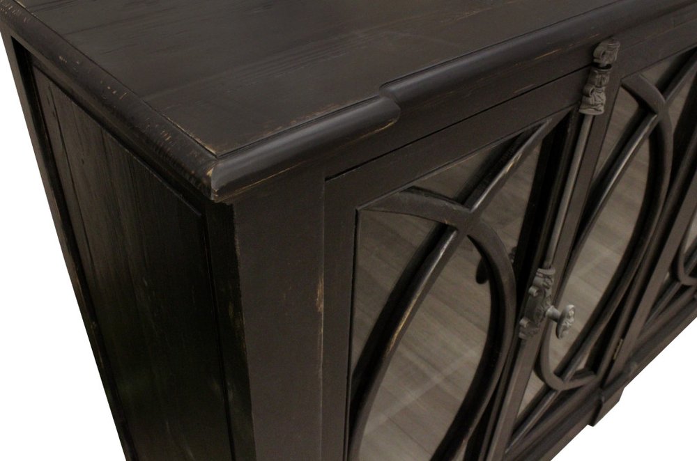 113" Black Distressed Solid Wood Sideboard with Six Glass Doors HomeRoots
