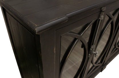 113" Black Distressed Solid Wood Sideboard with Six Glass Doors HomeRoots