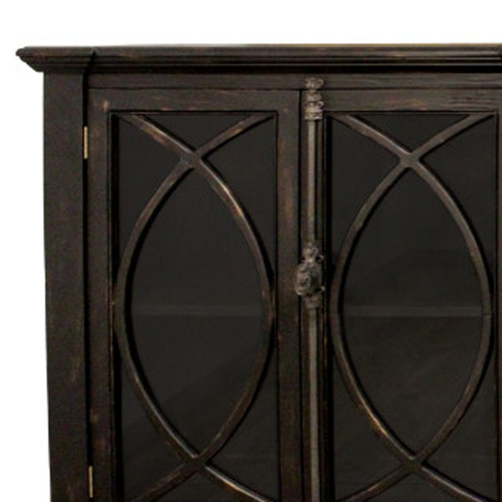 113" Black Distressed Solid Wood Sideboard with Six Glass Doors HomeRoots