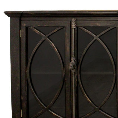 113" Black Distressed Solid Wood Sideboard with Six Glass Doors HomeRoots