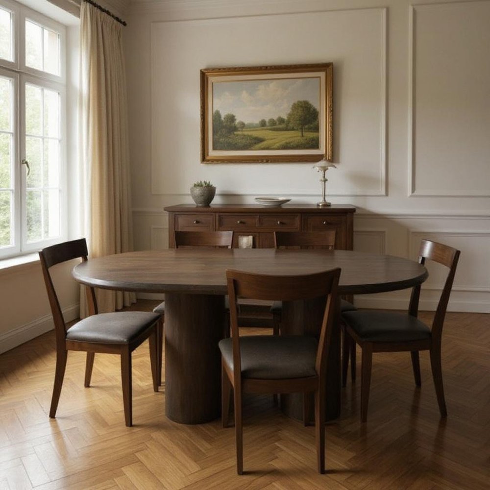 Seven Piece Dark Brown Round Solid Wood Dining Set with Six Chairs HomeRoots