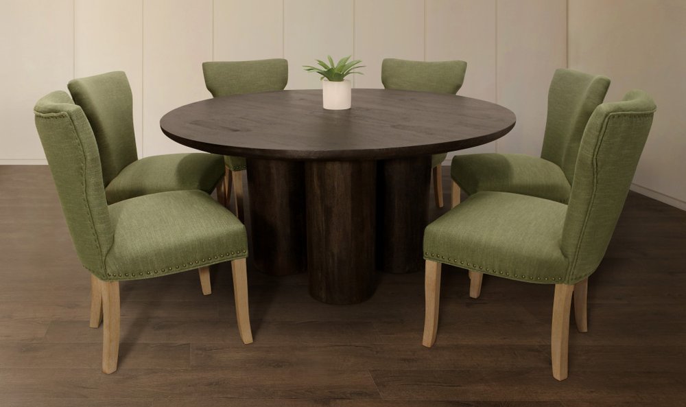 Seven Piece Dark Brown Round Solid Wood Dining Set with Six Chairs HomeRoots