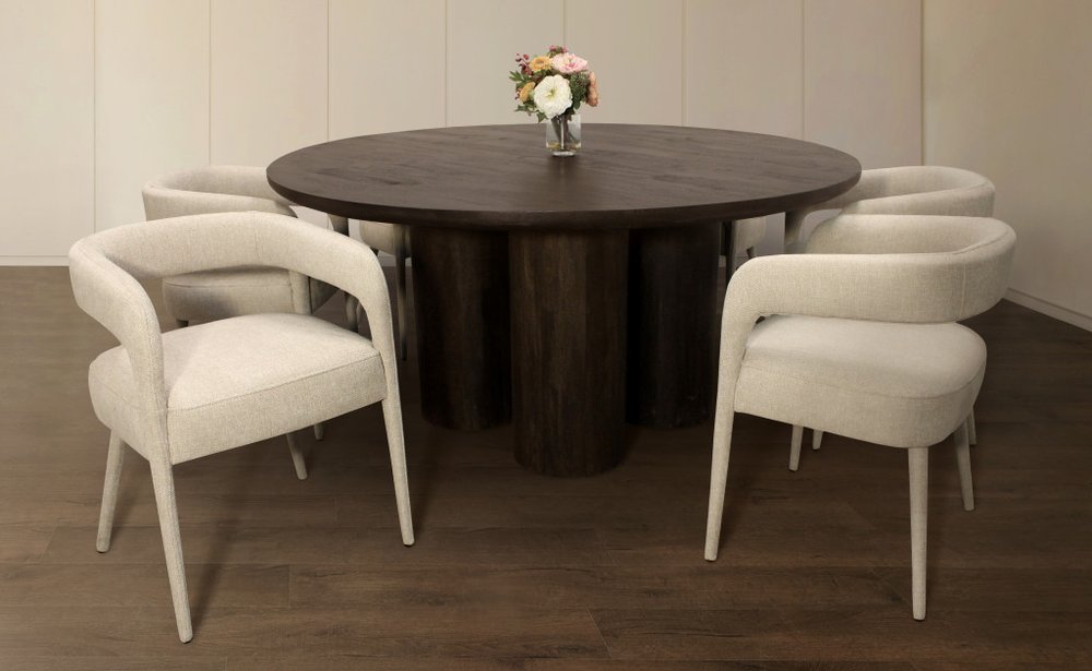Seven Piece Dark Brown Round Solid Wood Dining Set with Six Chairs HomeRoots