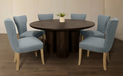 Seven Piece Dark Brown Round Solid Wood Dining Set with Six Chairs HomeRoots