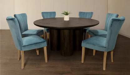 Seven Piece Dark Brown Round Solid Wood Dining Set with Six Chairs HomeRoots