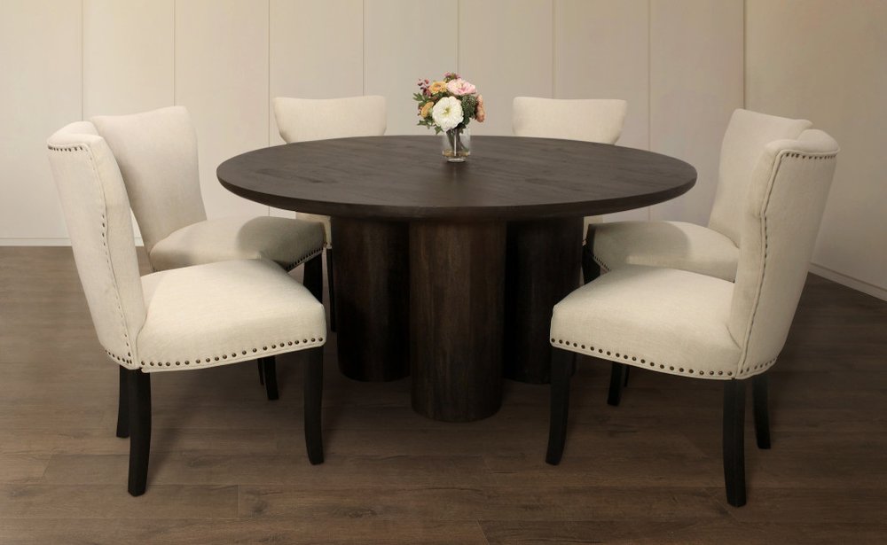 Seven Piece Dark Brown Round Solid Wood Dining Set with Six Chairs HomeRoots