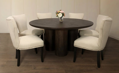 Seven Piece Dark Brown Round Solid Wood Dining Set with Six Chairs HomeRoots