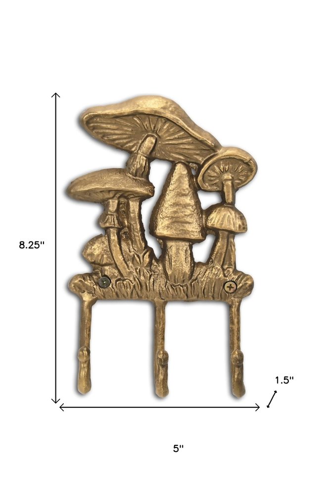 5" Antiqued Gold Cast Iron Mushroom Three Hook Wall Mount Coat Rack — view 6