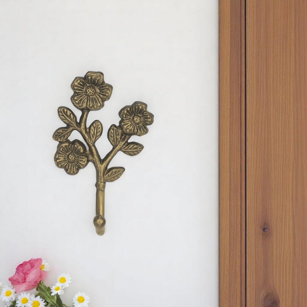 4" Antiqued Gold Cast Iron Flower Wall Hook HomeRoots