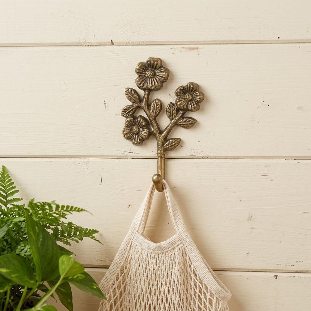 4" Antiqued Gold Cast Iron Flower Wall Hook HomeRoots