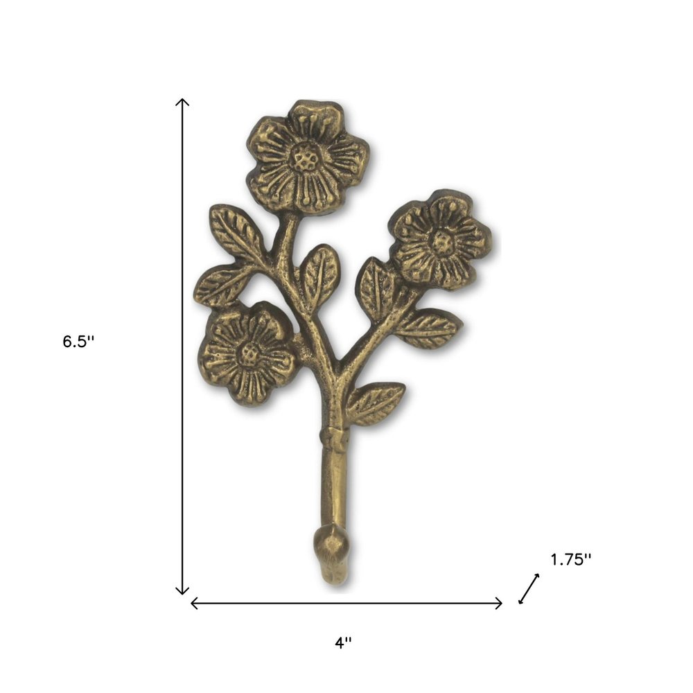 4" Antiqued Gold Cast Iron Flower Wall Hook HomeRoots