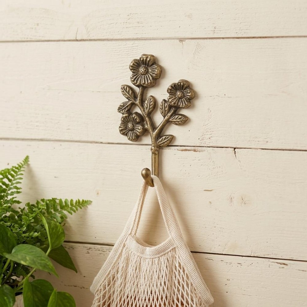 4" Antiqued Gold Cast Iron Flower Wall Hook HomeRoots