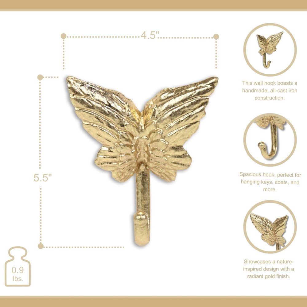 5" Gold Cast Iron Butterfly Wall Hook HomeRoots