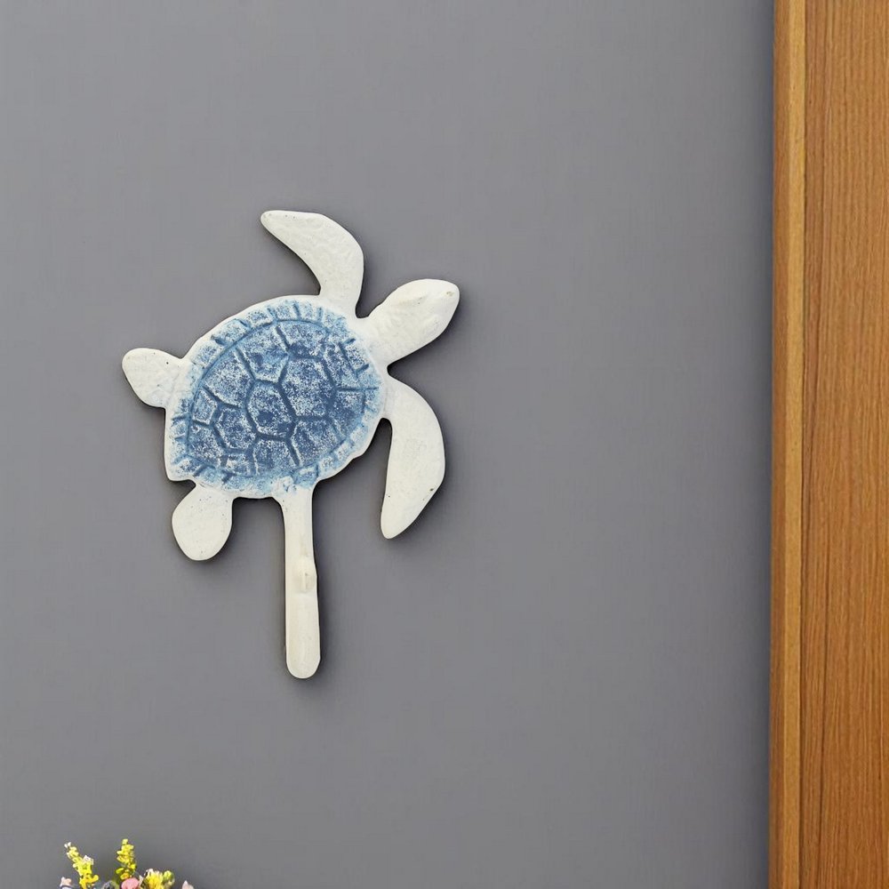 4" Blue And White Cast Iron Turtle Wall Hook HomeRoots