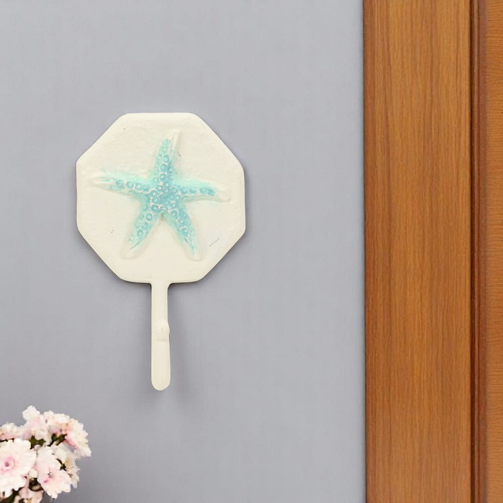 4" Aqua And Cream Cast Iron Starfish Wall Hook HomeRoots