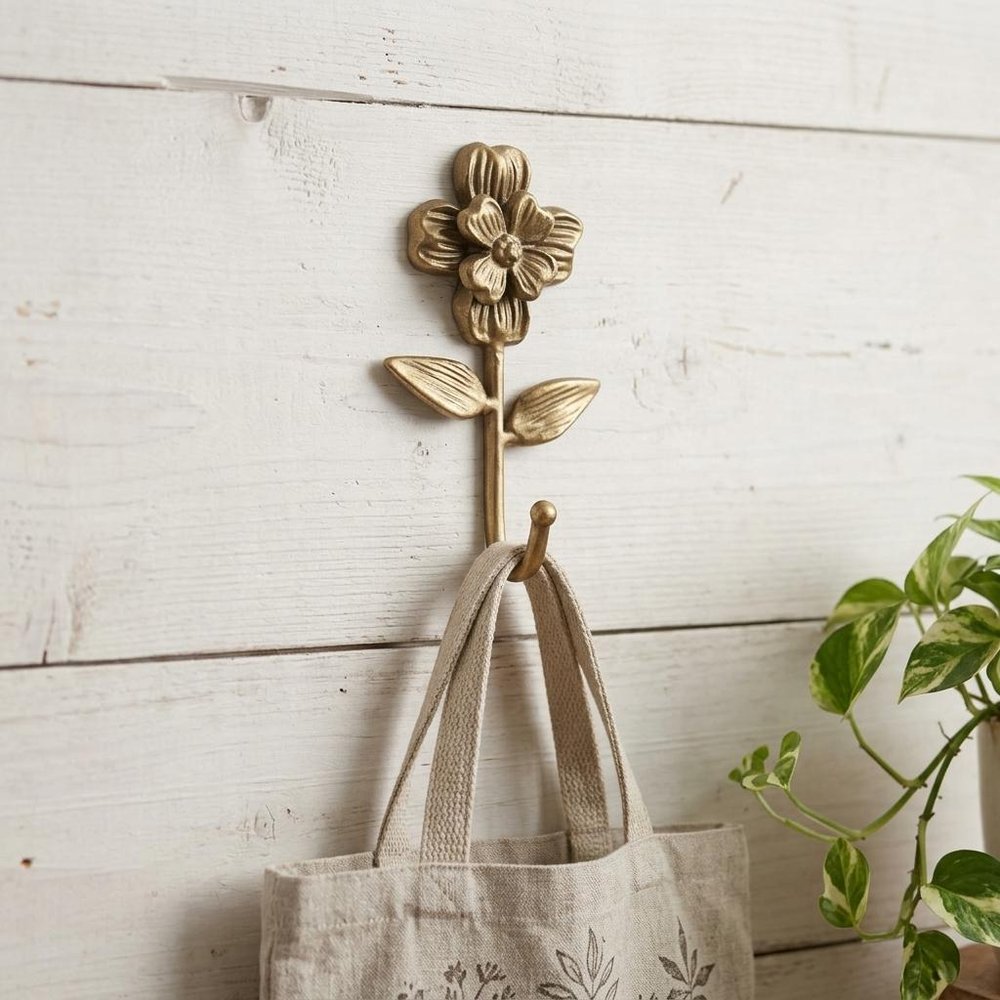 4" Antiqued Gold Cast Iron Flower Wall Hook HomeRoots