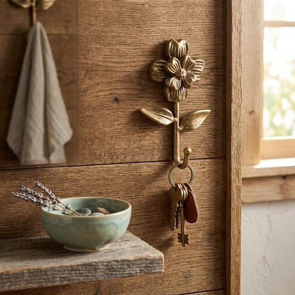 4" Antiqued Gold Cast Iron Flower Wall Hook HomeRoots