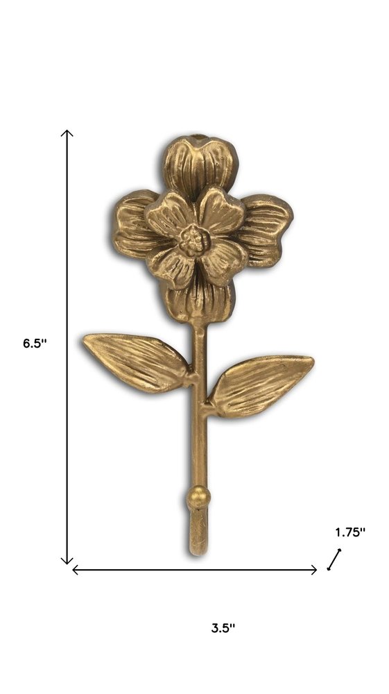 4" Antiqued Gold Cast Iron Flower Wall Hook HomeRoots