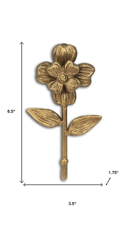 4" Antiqued Gold Cast Iron Flower Wall Hook HomeRoots