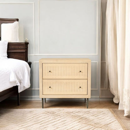 28" Natural Solid Wood Distressed Carved Geometric Two Drawer Nightstand HomeRoots