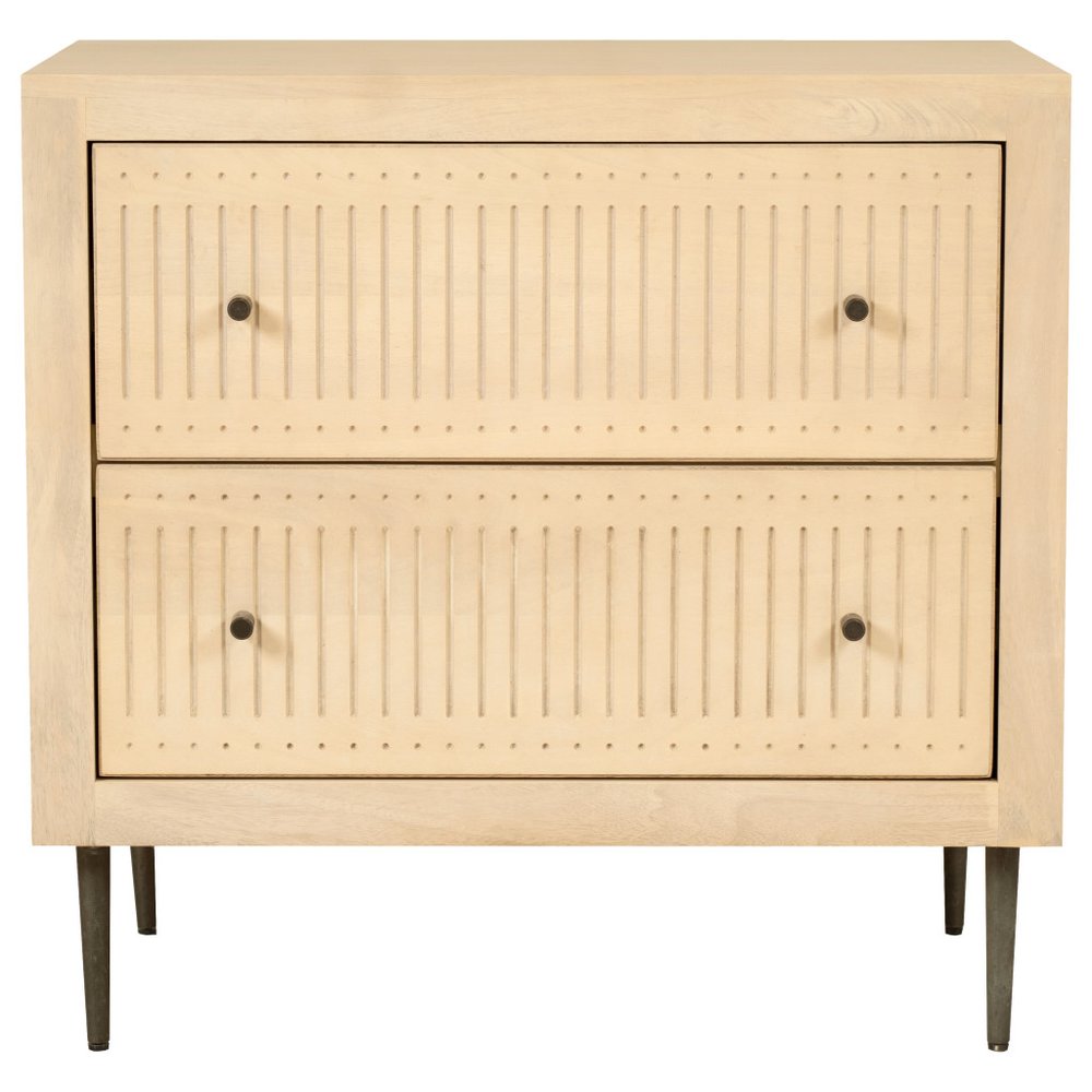 28" Natural Solid Wood Distressed Carved Geometric Two Drawer Nightstand HomeRoots