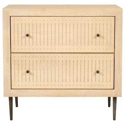 28" Natural Solid Wood Distressed Carved Geometric Two Drawer Nightstand HomeRoots