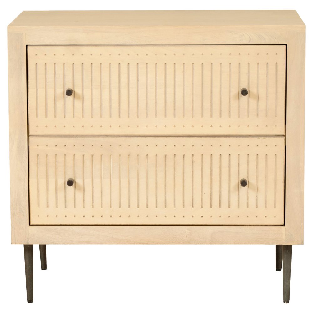 28" Natural Solid Wood Distressed Carved Geometric Two Drawer Nightstand HomeRoots