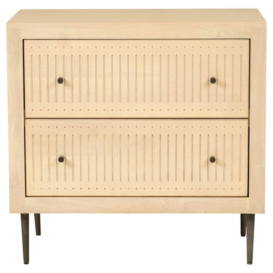 28" Natural Solid Wood Distressed Carved Geometric Two Drawer Nightstand