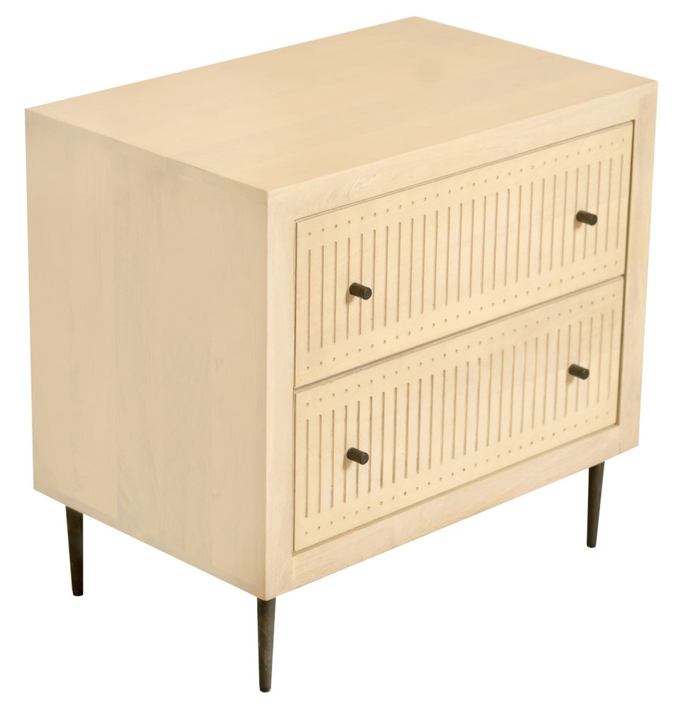 28" Natural Solid Wood Distressed Carved Geometric Two Drawer Nightstand — view 3