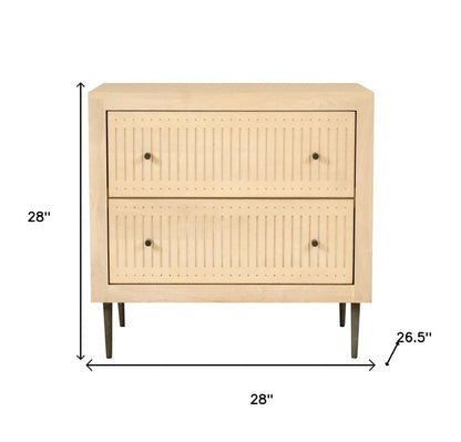 28" Natural Solid Wood Distressed Carved Geometric Two Drawer Nightstand HomeRoots