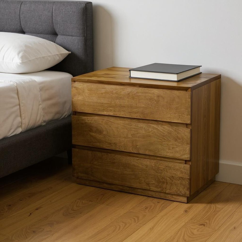 24" Tan Solid Wood Distressed Three Drawer Nightstand HomeRoots