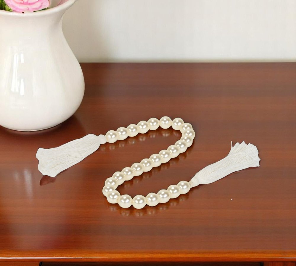 24" White Pearl Beads Decorative Tassel HomeRoots