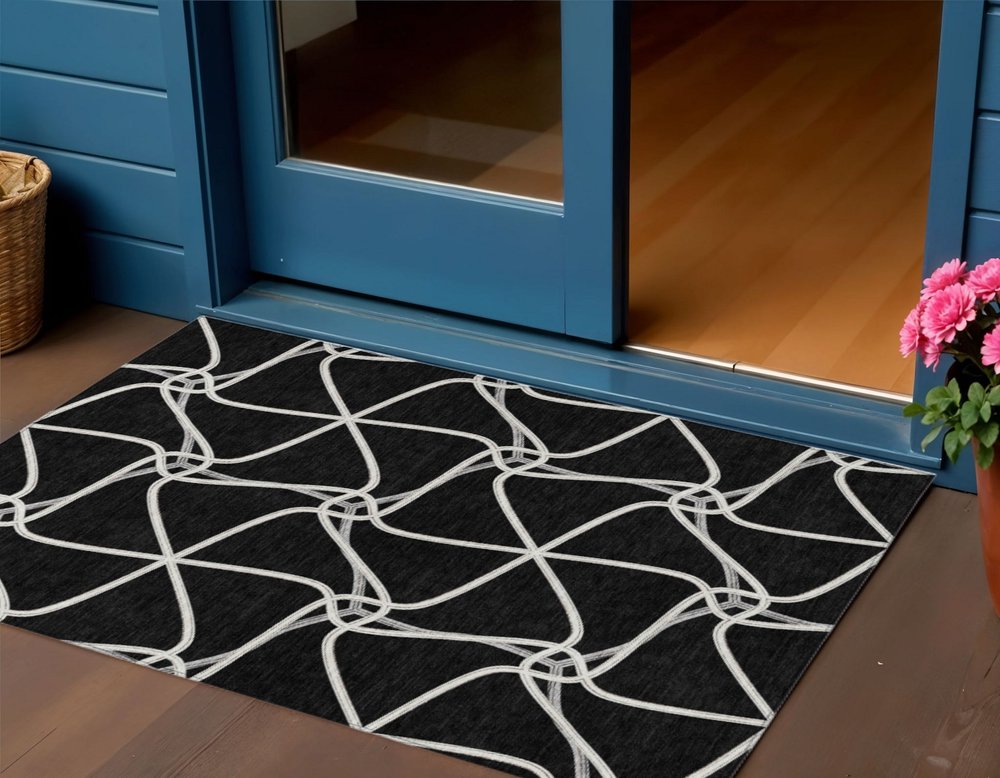 3' X 5' Black And Ivory Geometric Washable Indoor Outdoor Area Rug — view 2