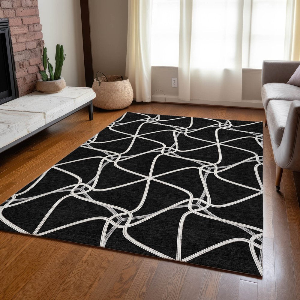 3' X 5' Black And Ivory Geometric Washable Indoor Outdoor Area Rug — view 97