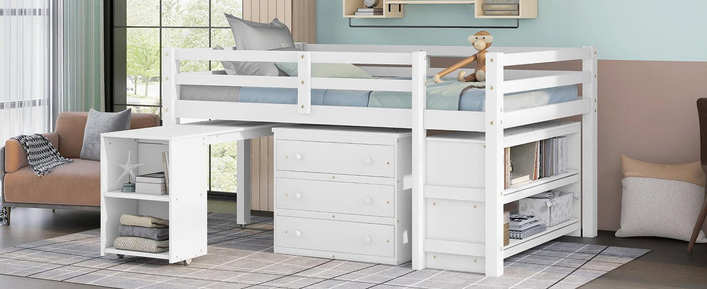 Low Study Full Loft Bed with Cabinet Shelves and Rolling Portable Desk Multiple Functions Bed- White - FurniFindUSA