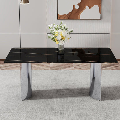 Modern minimalist dining table The black imitation marble glass desktop is equipped with silver metal legs - FurniFindUSA