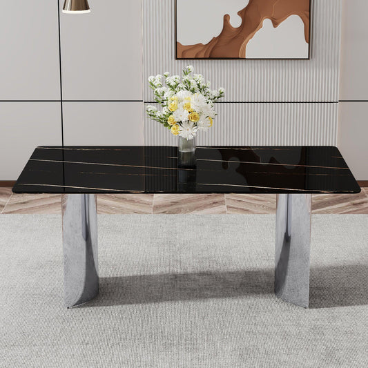 Modern minimalist dining table The black imitation marble glass desktop is equipped with silver metal legs - FurniFindUSA