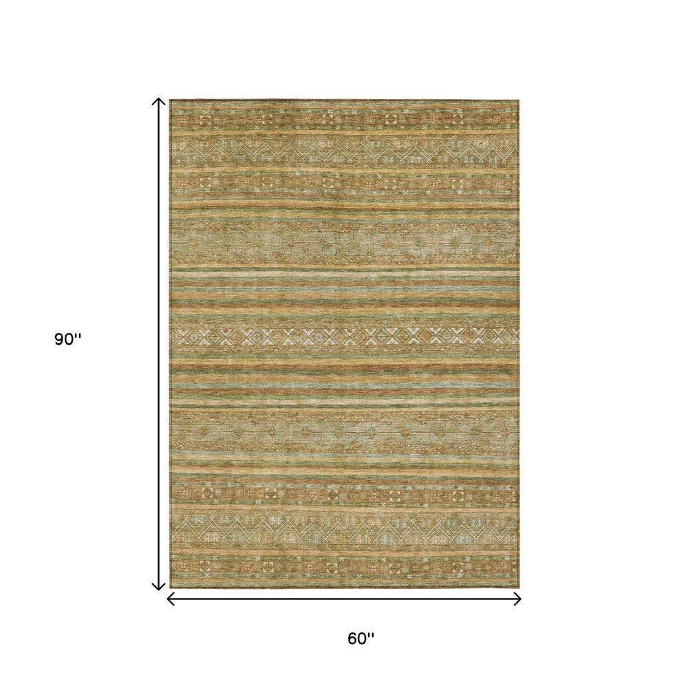 5' X 8' Artichoke Green Gold And Beige Southwestern Washable Indoor Outdoor Area Rug — view 7