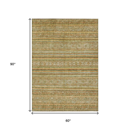 5' X 8' Artichoke Green Gold And Beige Southwestern Washable Indoor Outdoor Area Rug HomeRoots