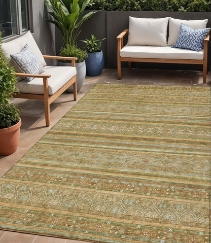5' X 8' Artichoke Green Gold And Beige Southwestern Washable Indoor Outdoor Area Rug HomeRoots