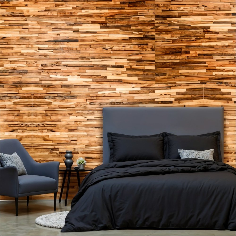 Brown 3D Embossed Geometric Teak Reclaimed Wood Decorative Wall Panels HomeRoots