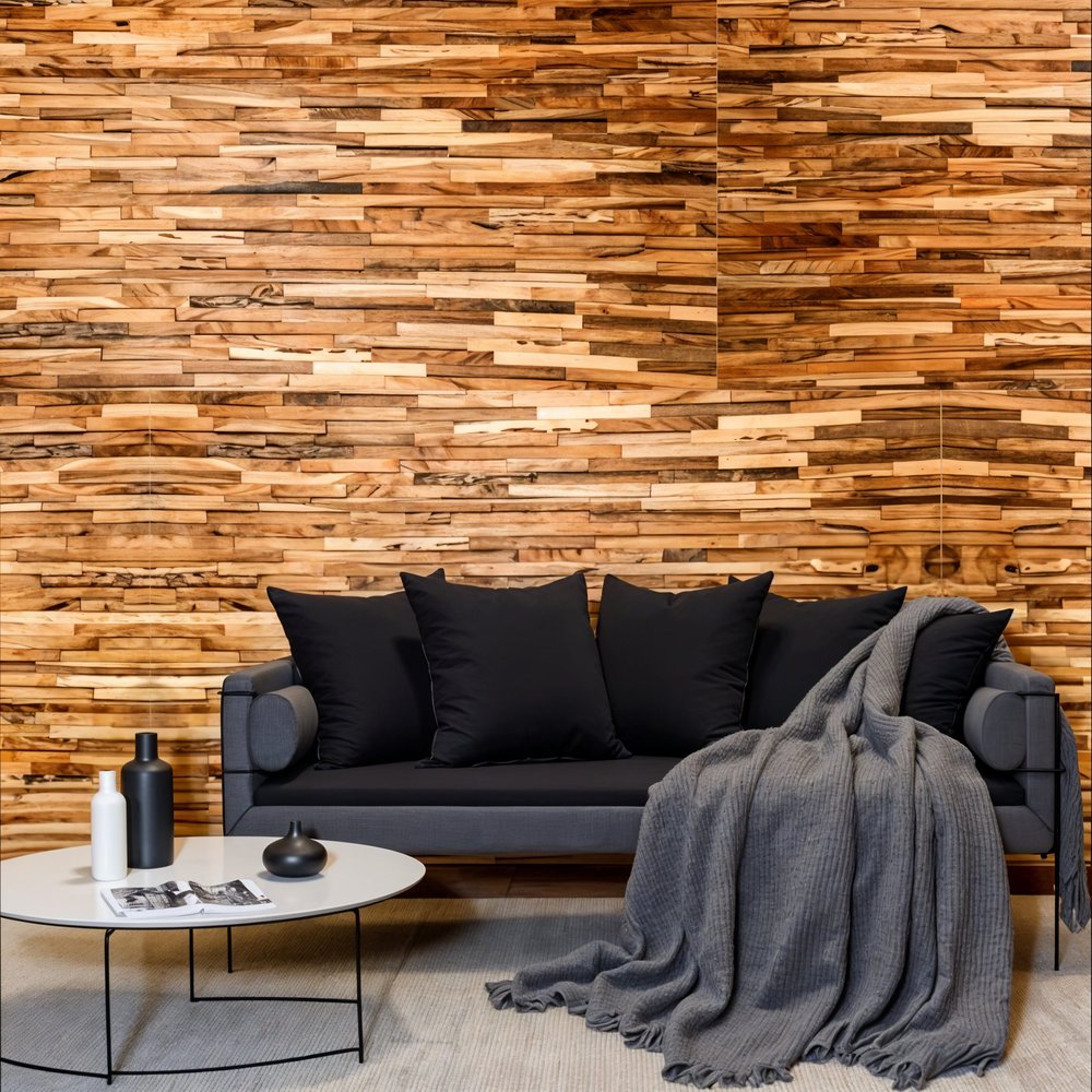 Brown 3D Embossed Geometric Teak Reclaimed Wood Decorative Wall Panels HomeRoots