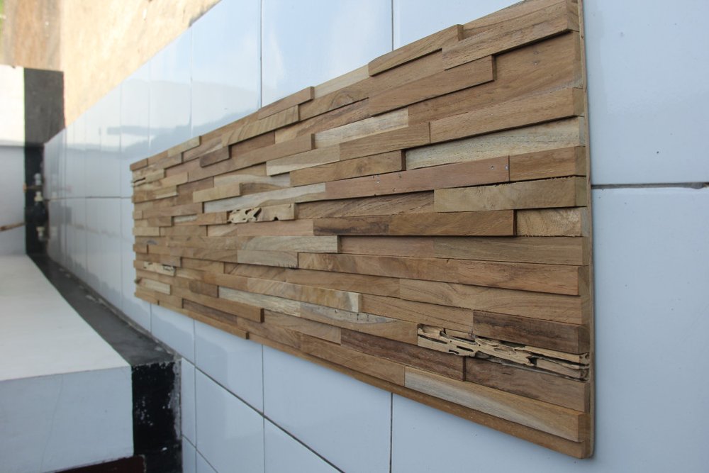 Brown 3D Embossed Geometric Teak Reclaimed Wood Decorative Wall Panels — view 1