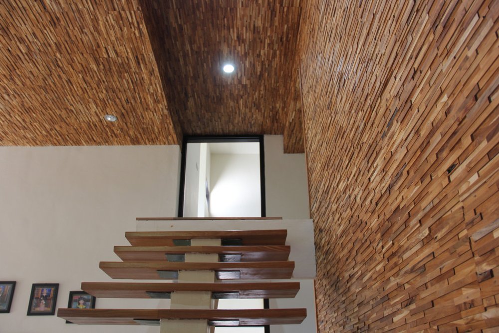 Brown 3D Embossed Geometric Teak Reclaimed Wood Decorative Wall Panels HomeRoots