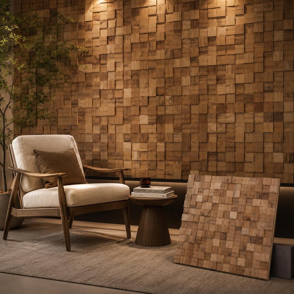 Brown 3D Embossed Block Teak Reclaimed Wood Decorative Wall Panels — view 7
